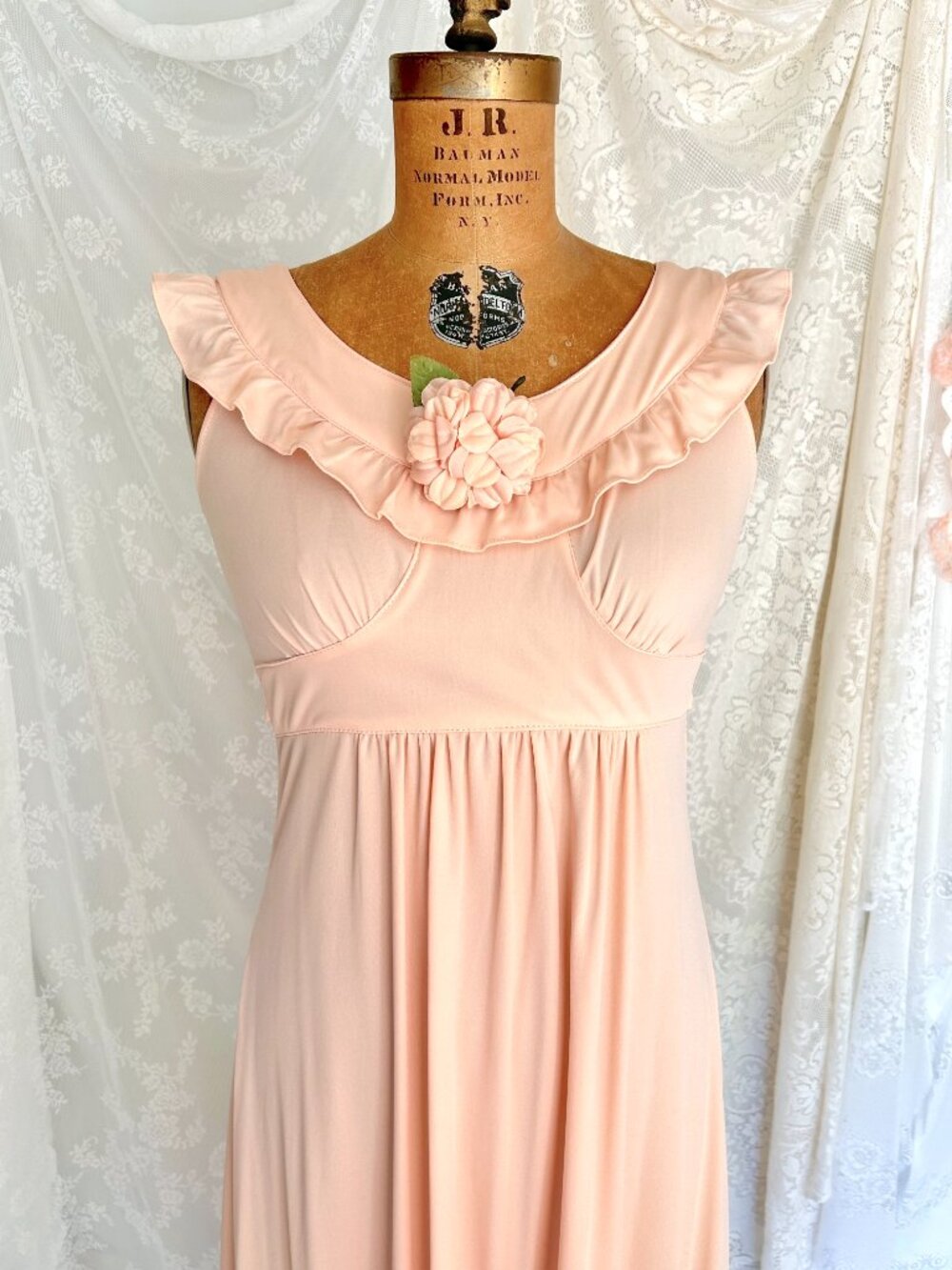 Vintage Peach Maxi Dress, Ruffle Neck Empire Waist, Romantic Bridesmaid Gown